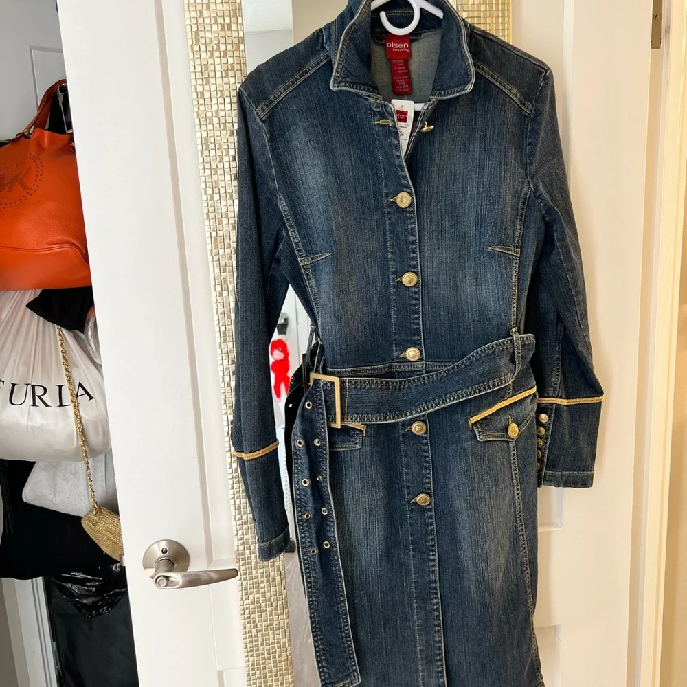 OLSEN EUROPE BLUE AND GOLD DENIM TRENCH COAT… SIZE 38… NEW WITH TAGS. - Picture 9 of 16